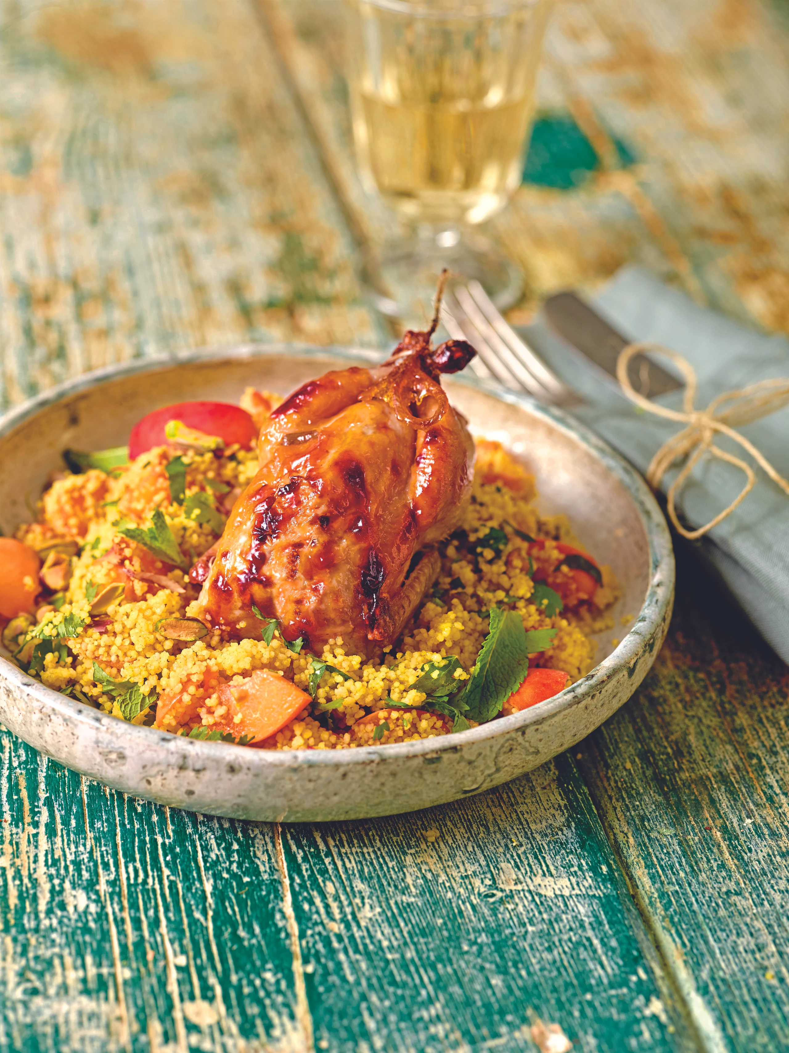 Lackierte Wachteln mit Pistazien-Kräuter-Couscous