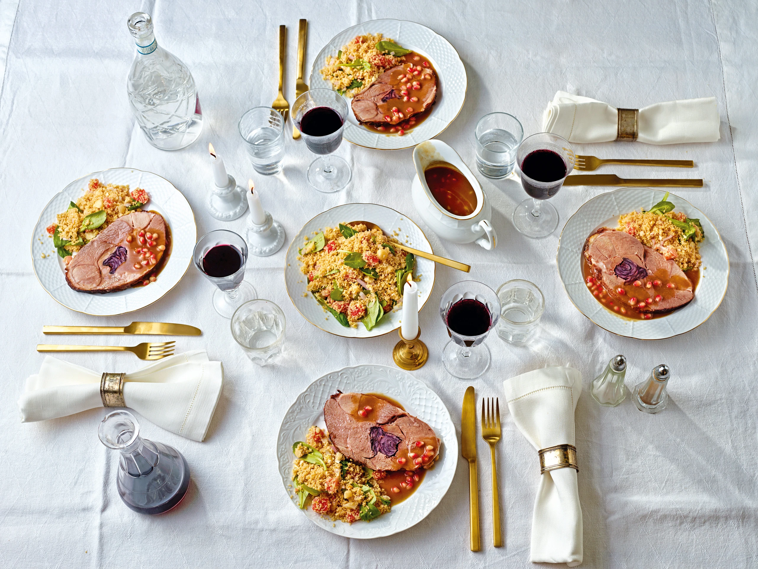 Lammschlegel mit Granatapfelsauce und Macadamia-Grapefruit-Couscous