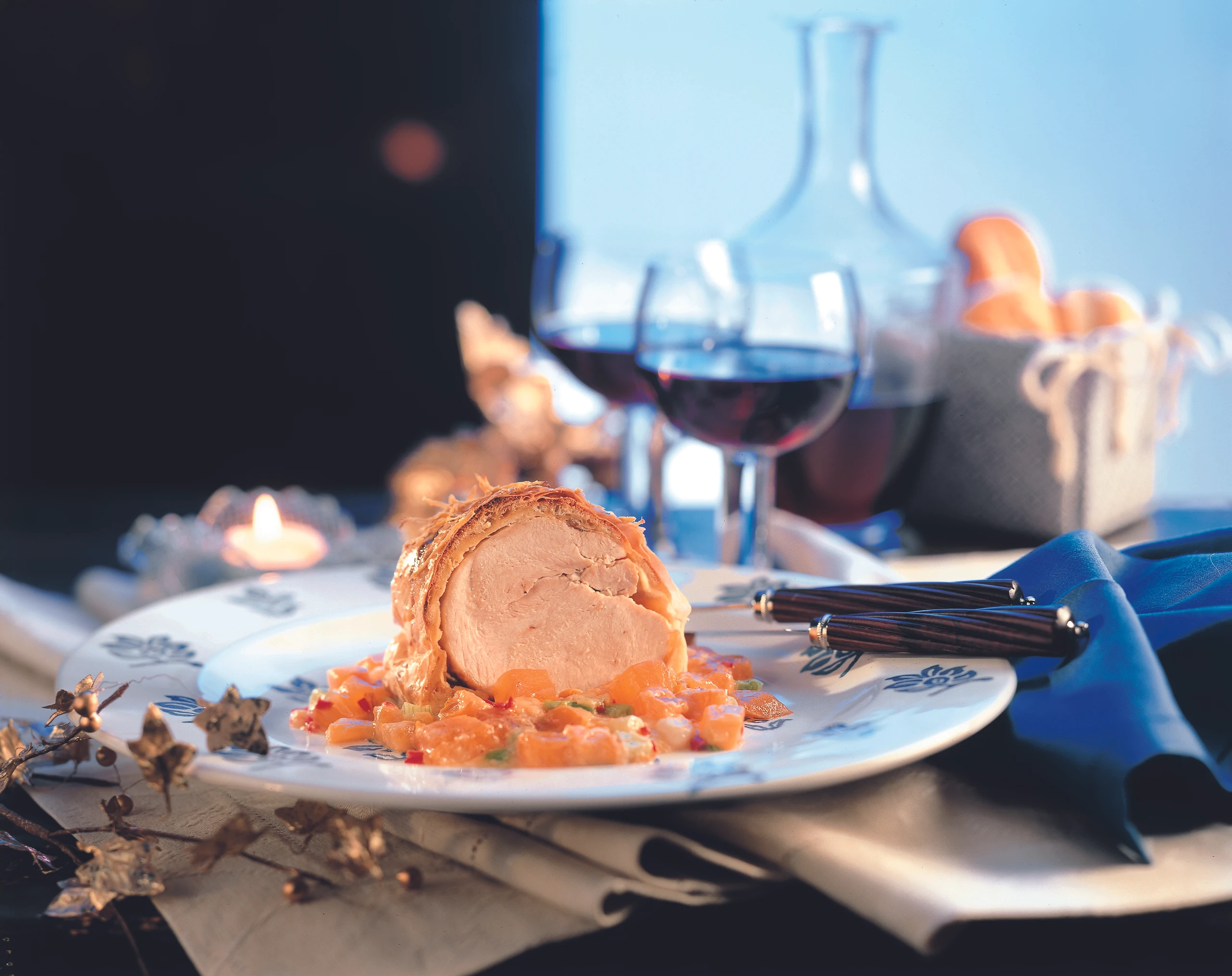 Putenbraten mit Ingwer-Kokosfülle und Kaki-Ragout