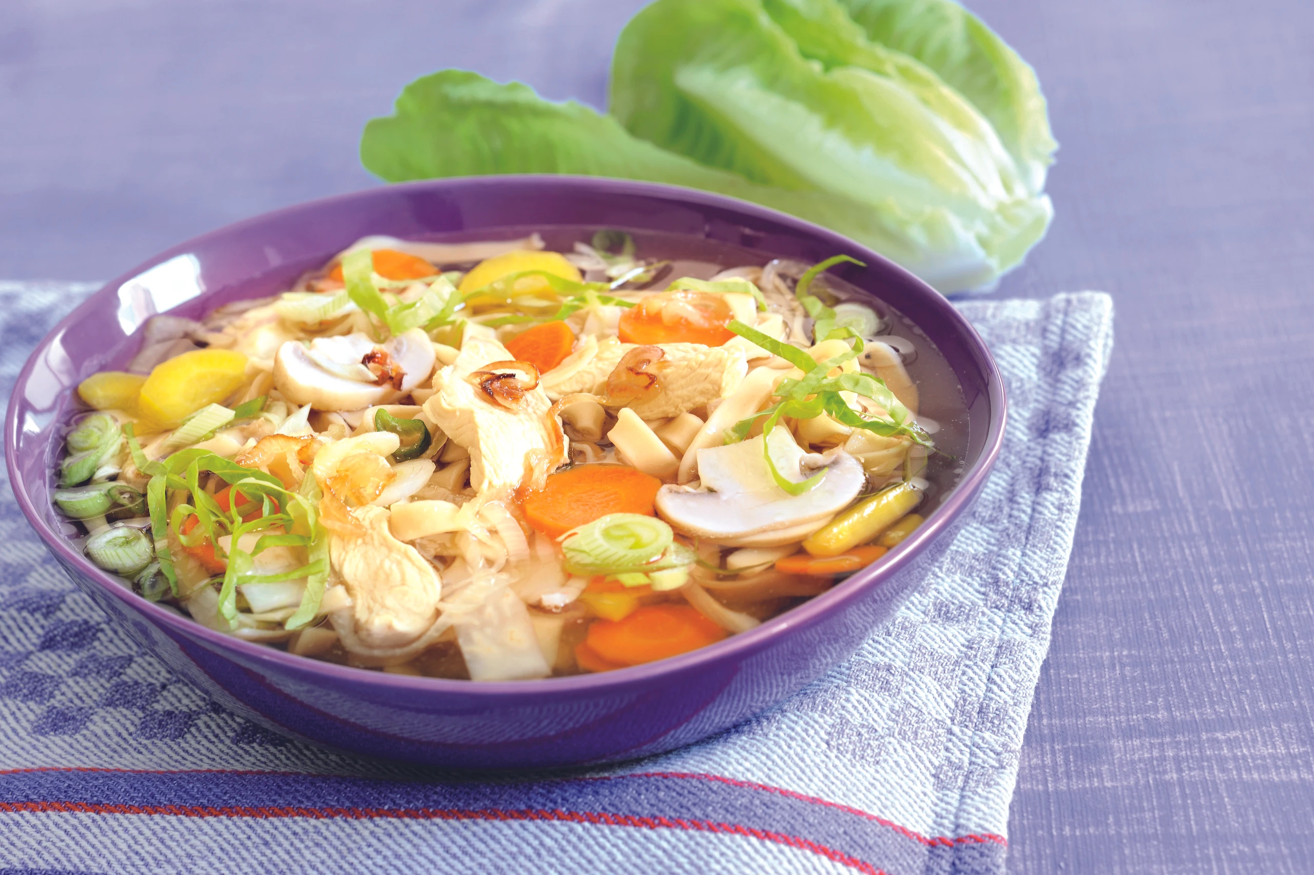 Asia-Nudeltopf mit Huhn, Champignons und Gemüse