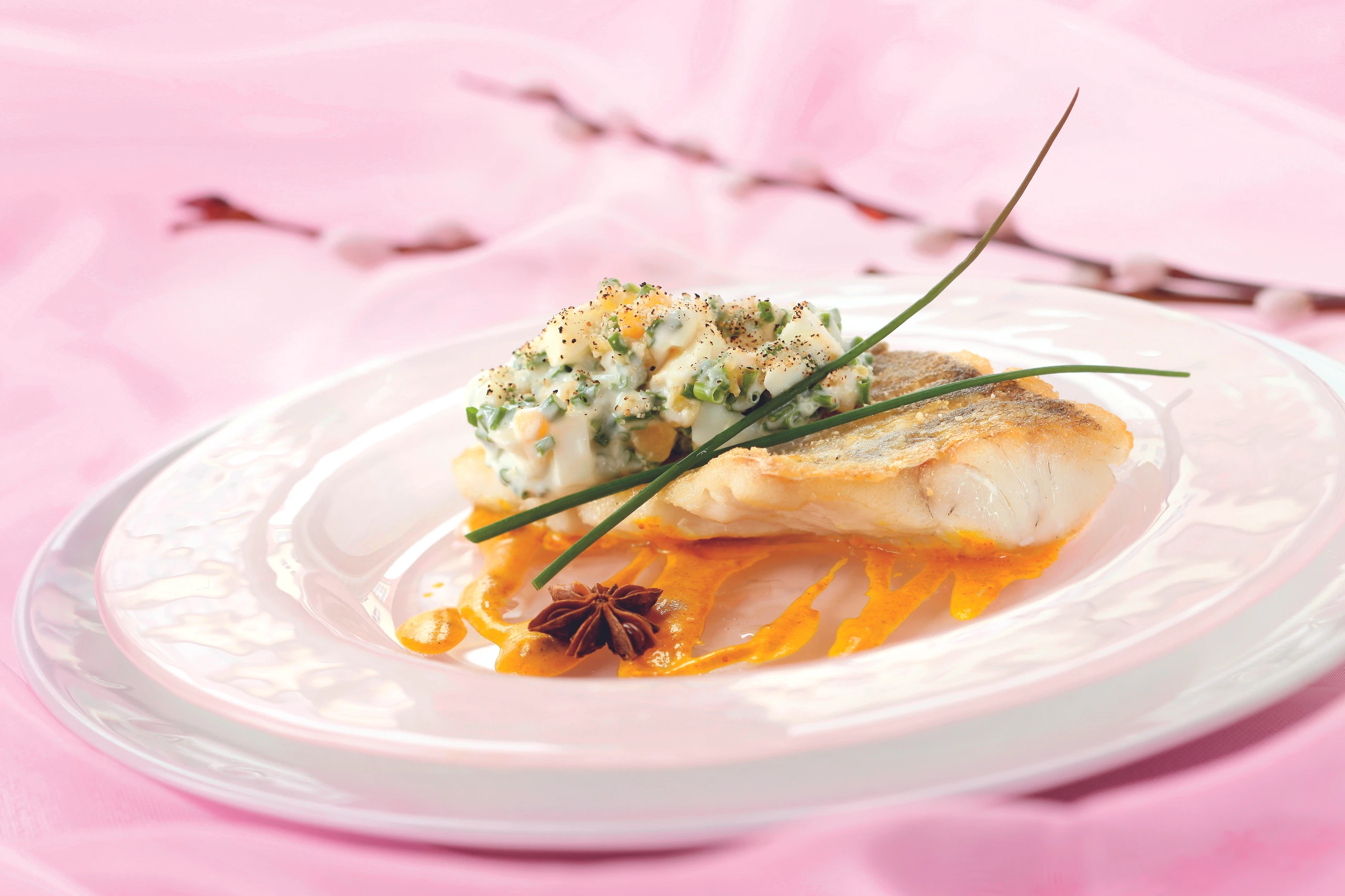 Überbackener Zander mit Curryschaum