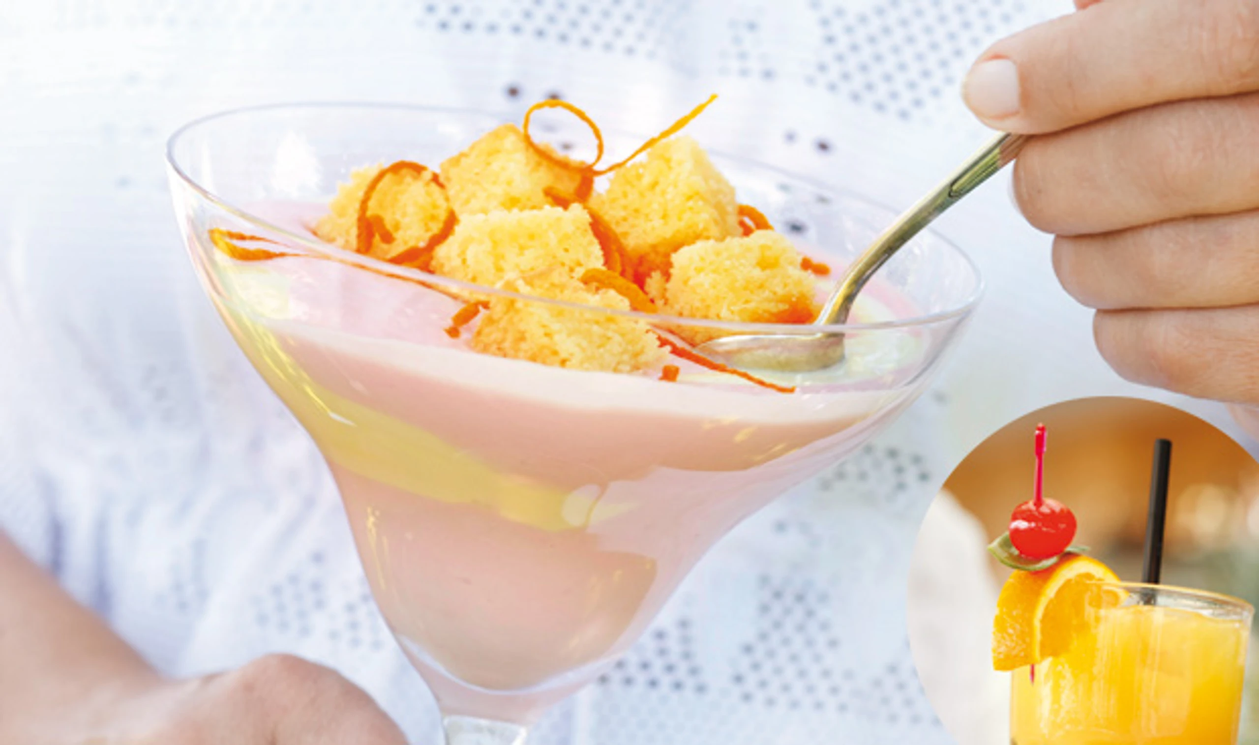 Tequila Sunrise-Creme mit Kuchen und Tequila Sunrise