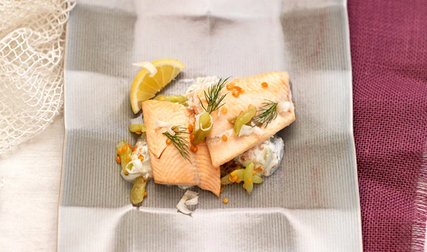 Kren-Schmorgurken mit Saiblingsfilet