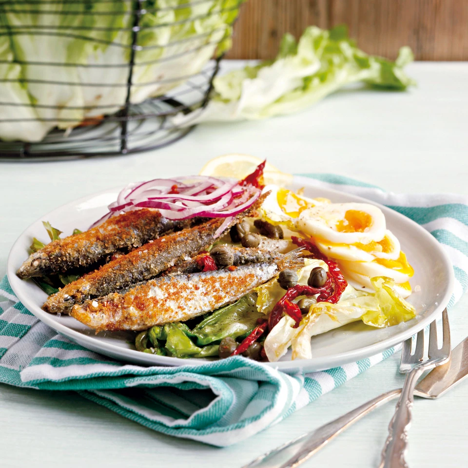 Geschmorte Endivie mit Sardinen und Ei