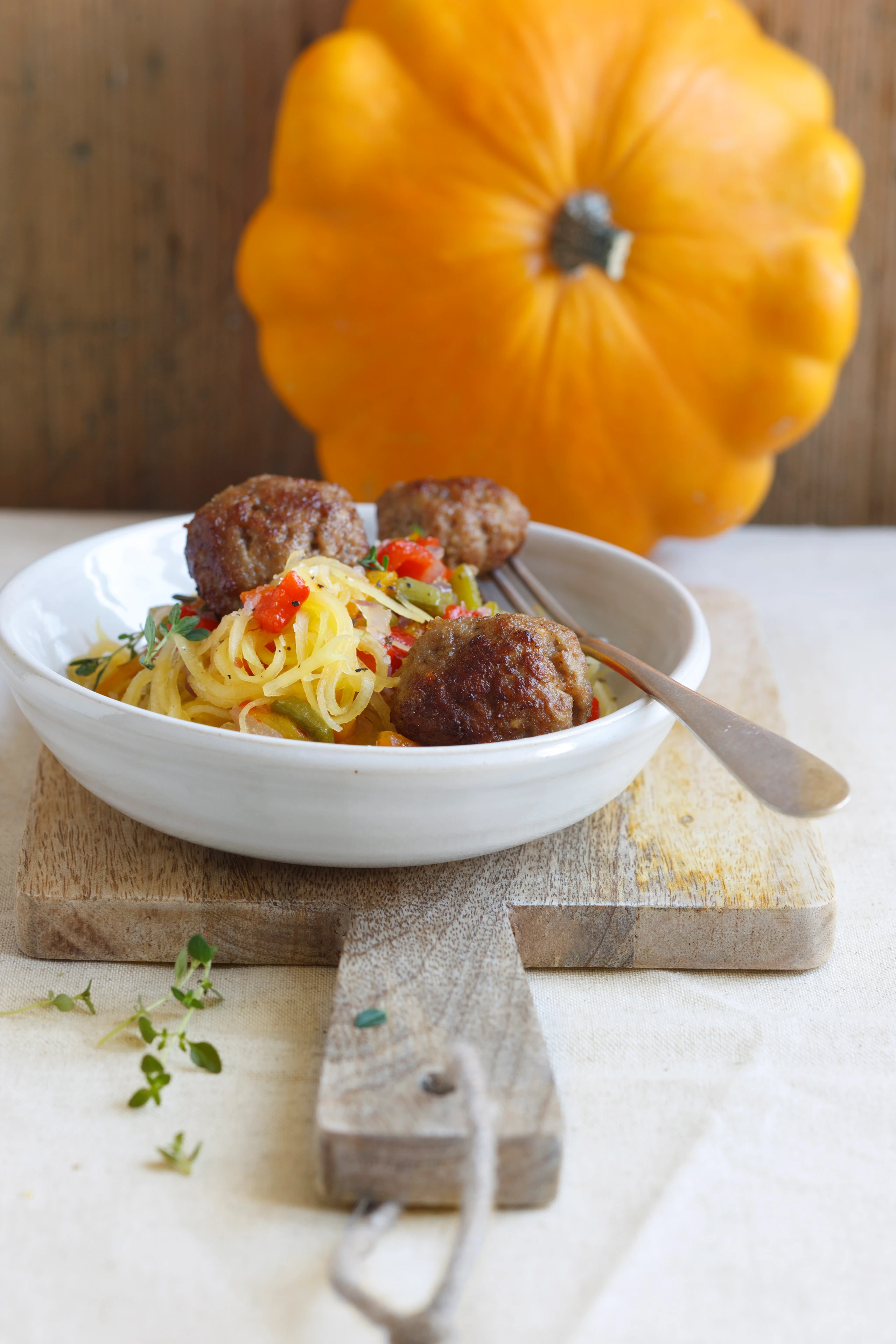 Kürbis-Spaghetti mit Kalbsbällchen