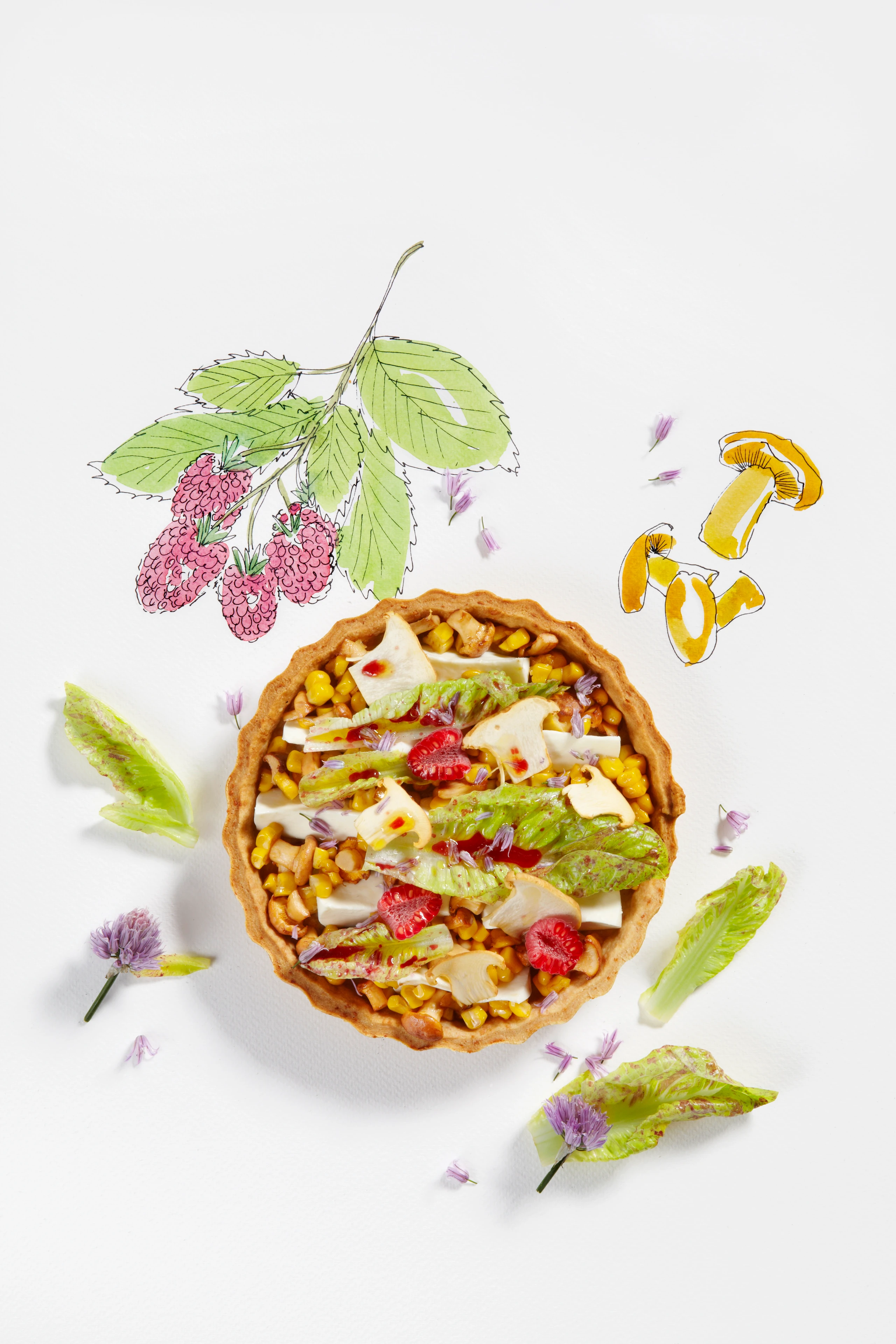 Eierschwammerl-Tarte mit Mais und Himbeeren