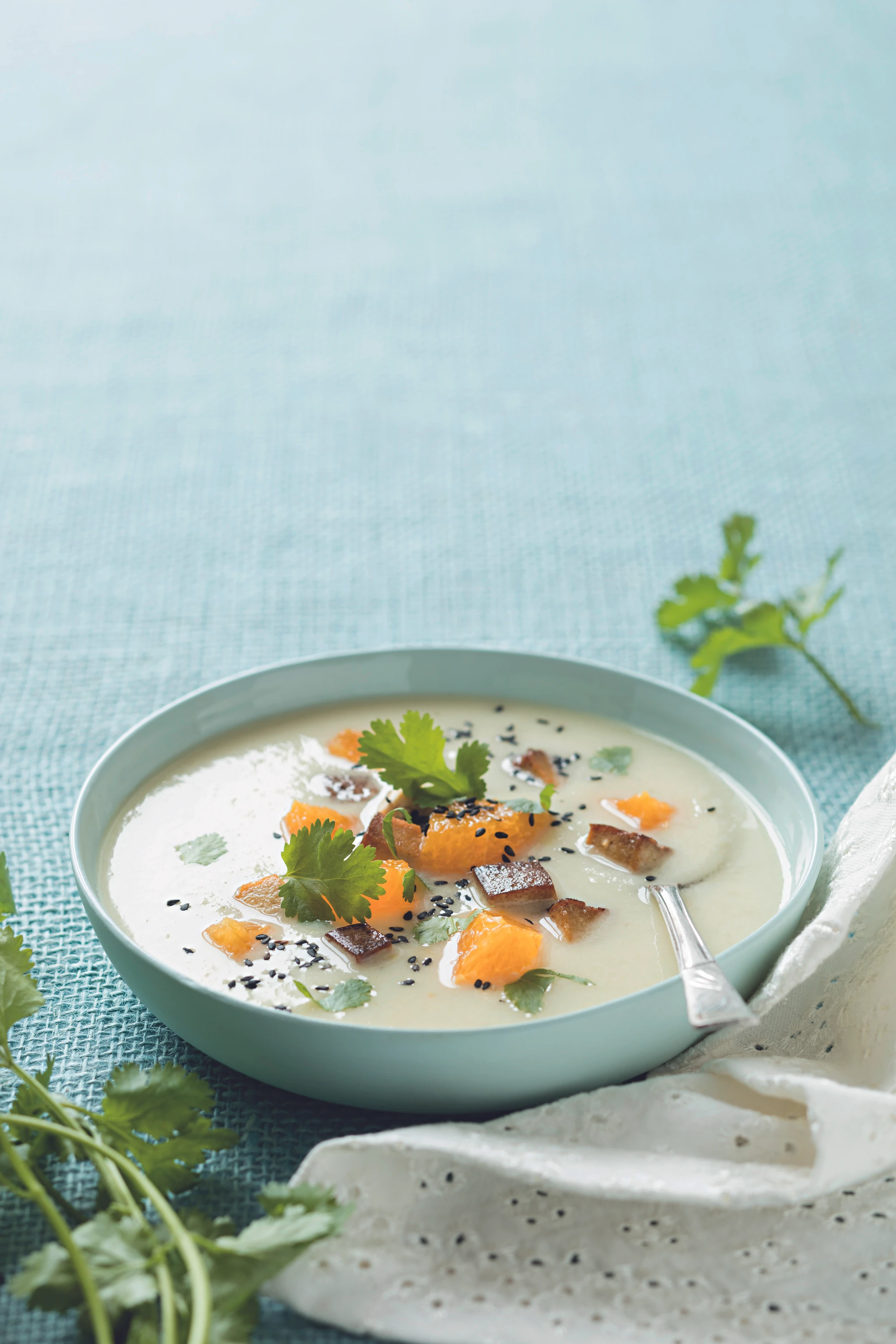 Schwarzwurzel-Kokossuppe mit Orangen und Tofu