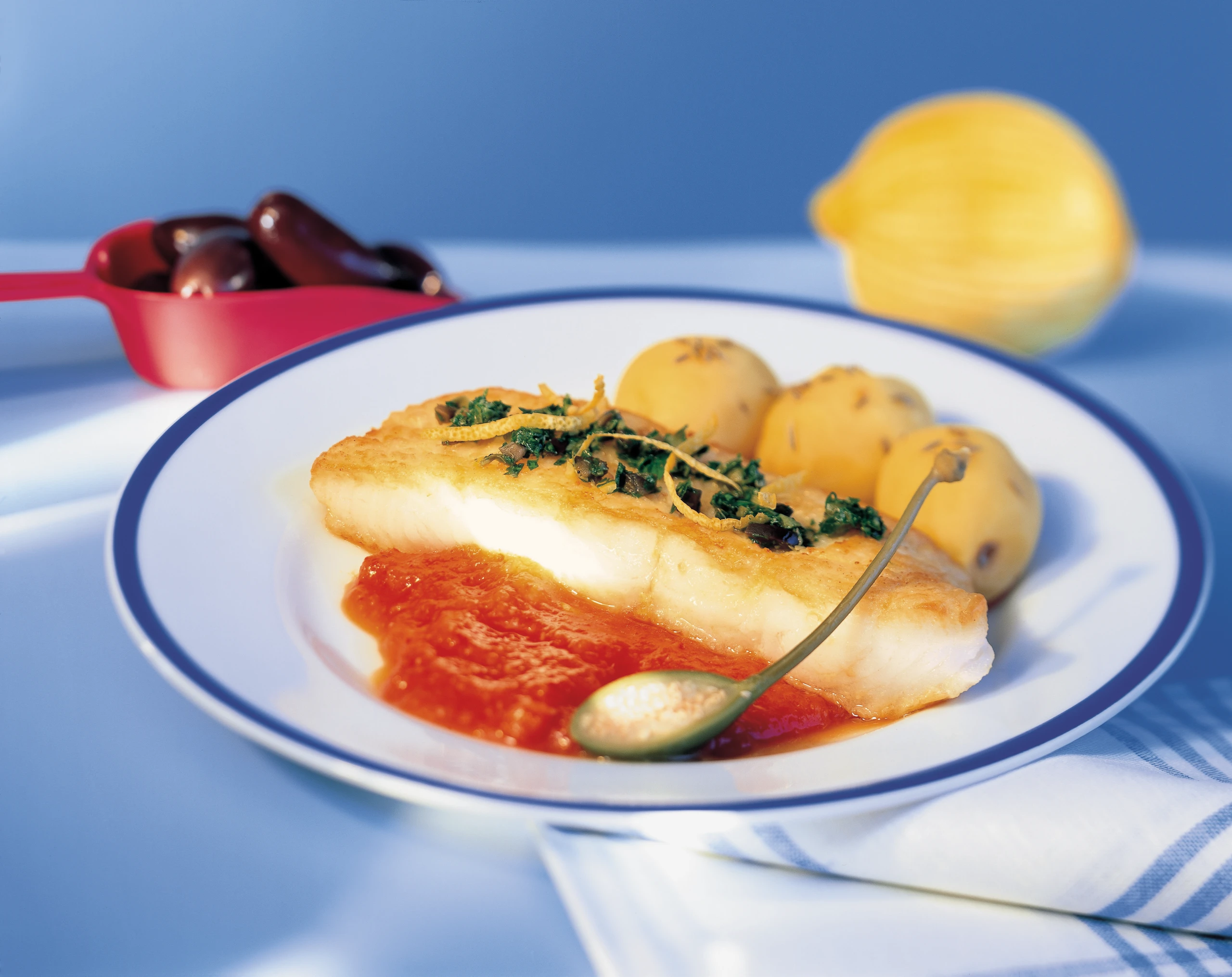 Andalusisches Fischfilet mit Gemüsesauce und Olivensalsa