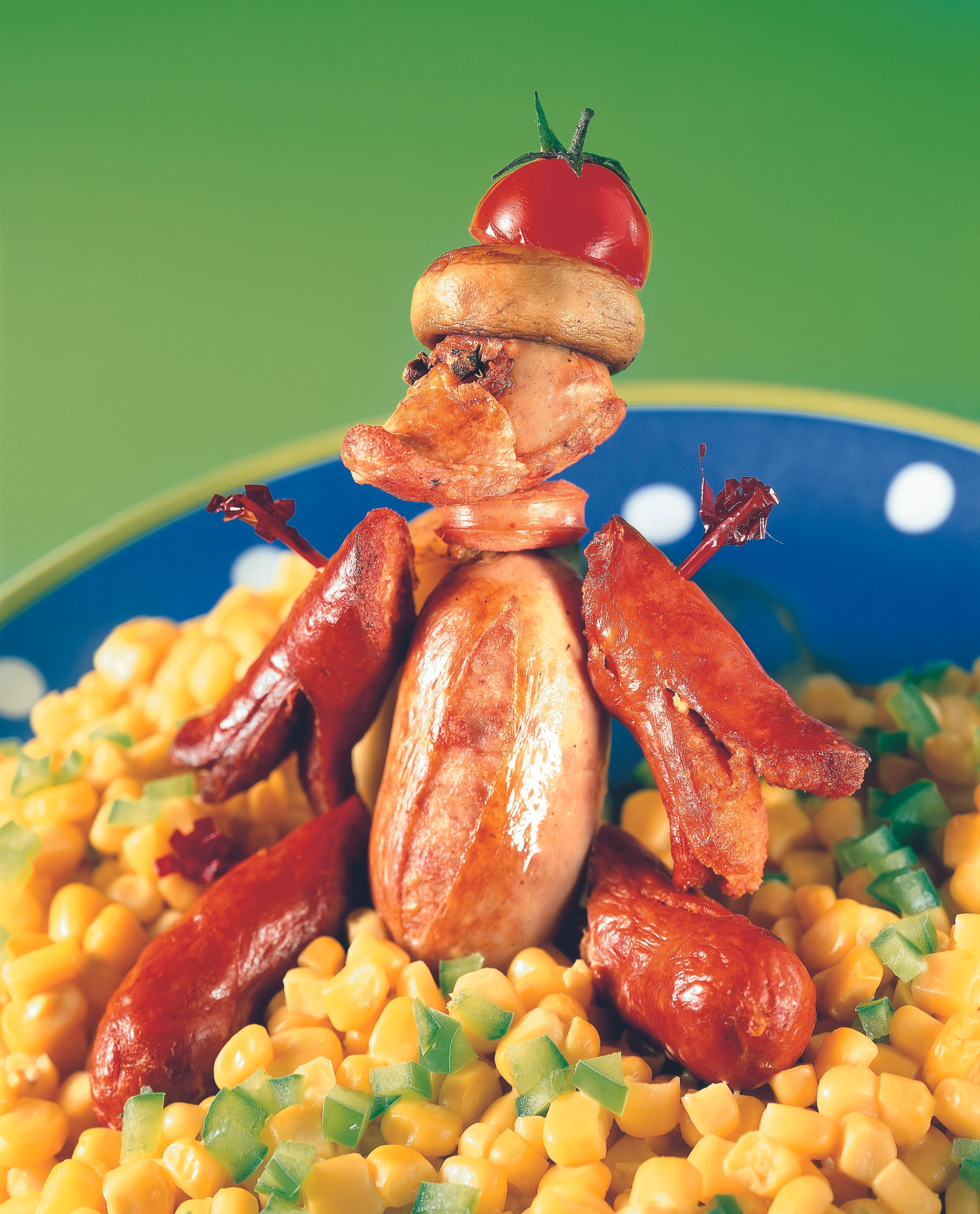 Wurst-Donald auf Kukuruzgemüse