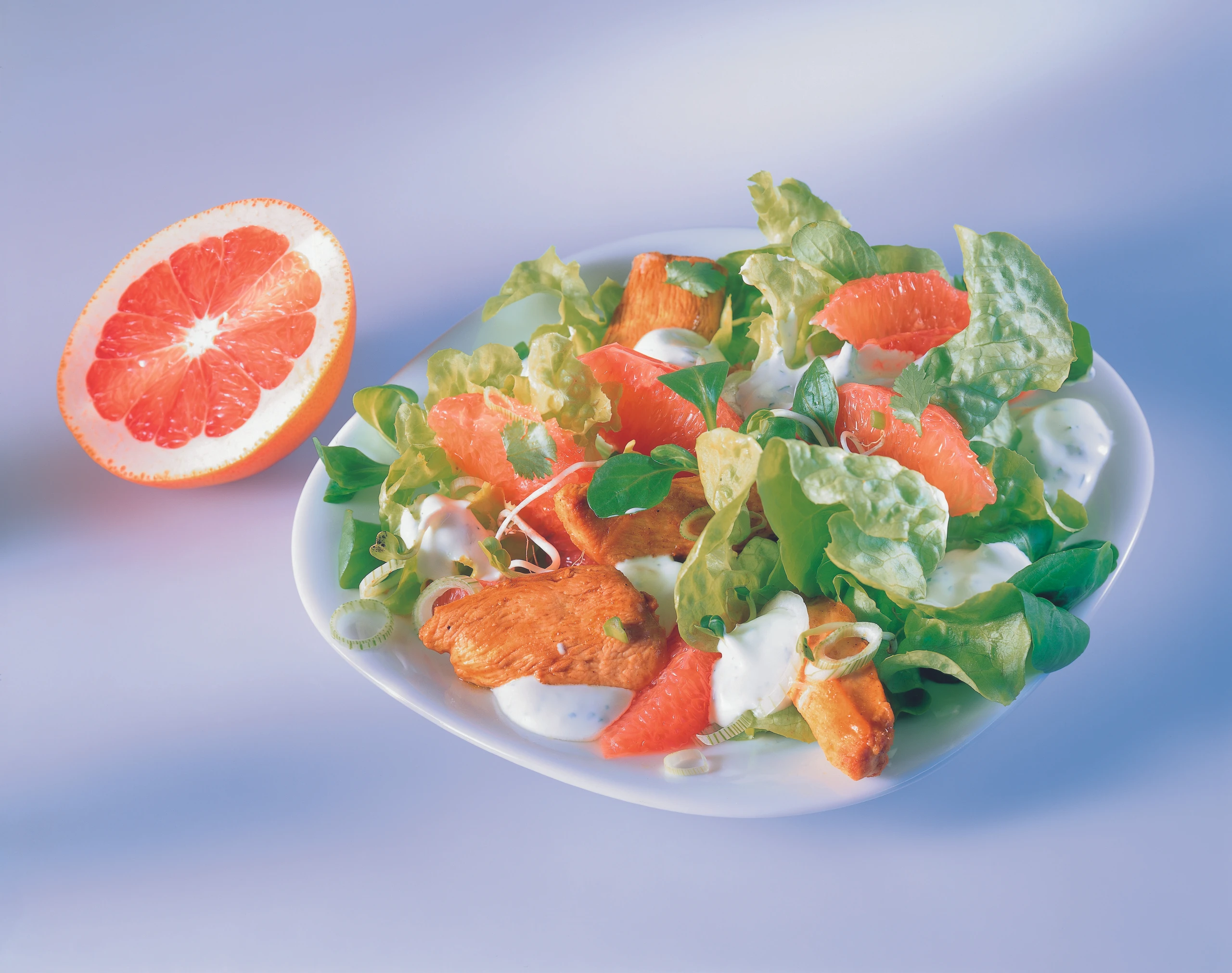 Hühnerbrust mit Grapefruit, Blattsalaten und Sprossen
