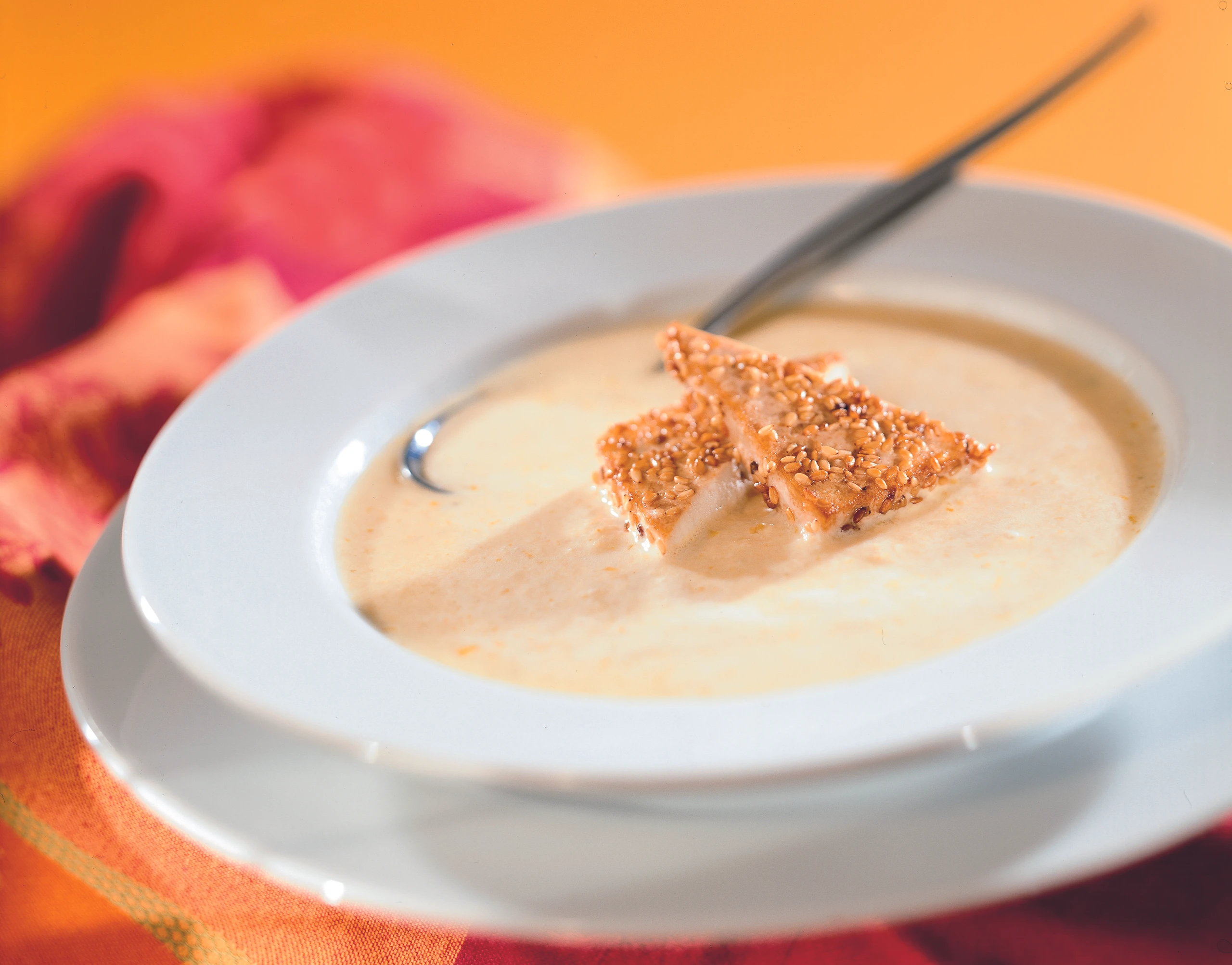 Chicorée-Orangensuppe mit Sesam-Tofu