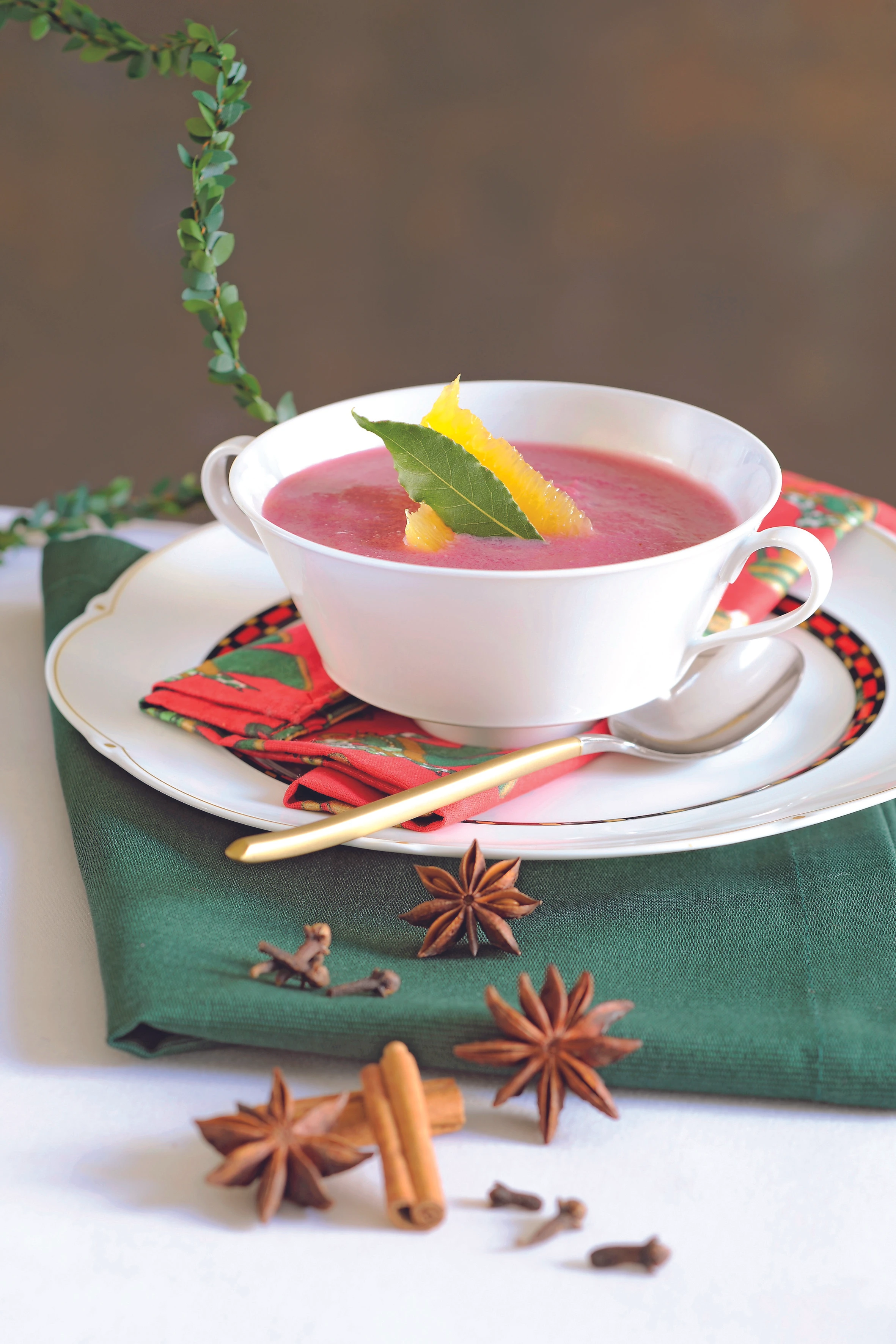 Rotkraut-Apfel-Suppe mit Preiselbeeren und Orangenfilets