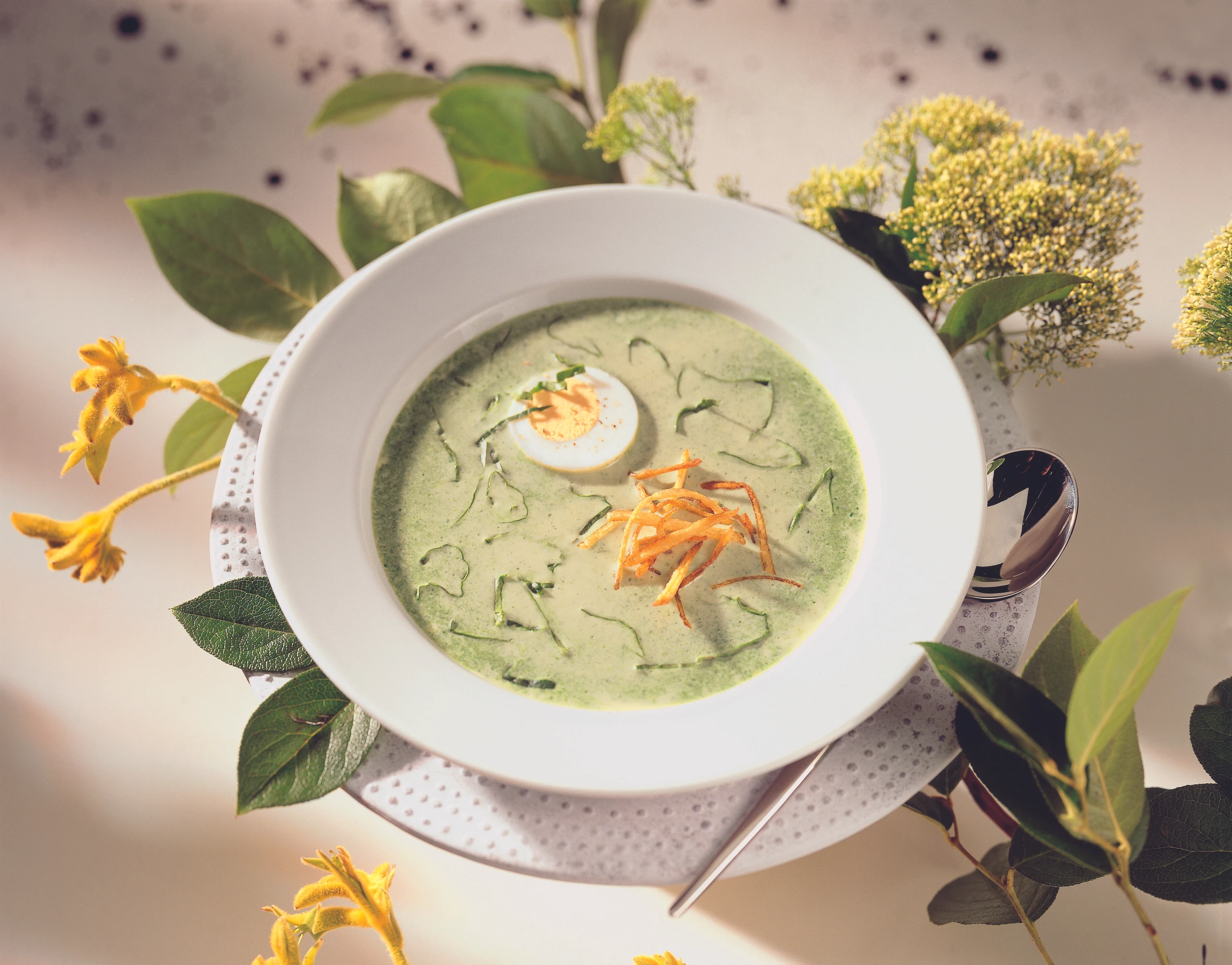 Spinatcremesuppe mit Ei und Erdäpfelstroh