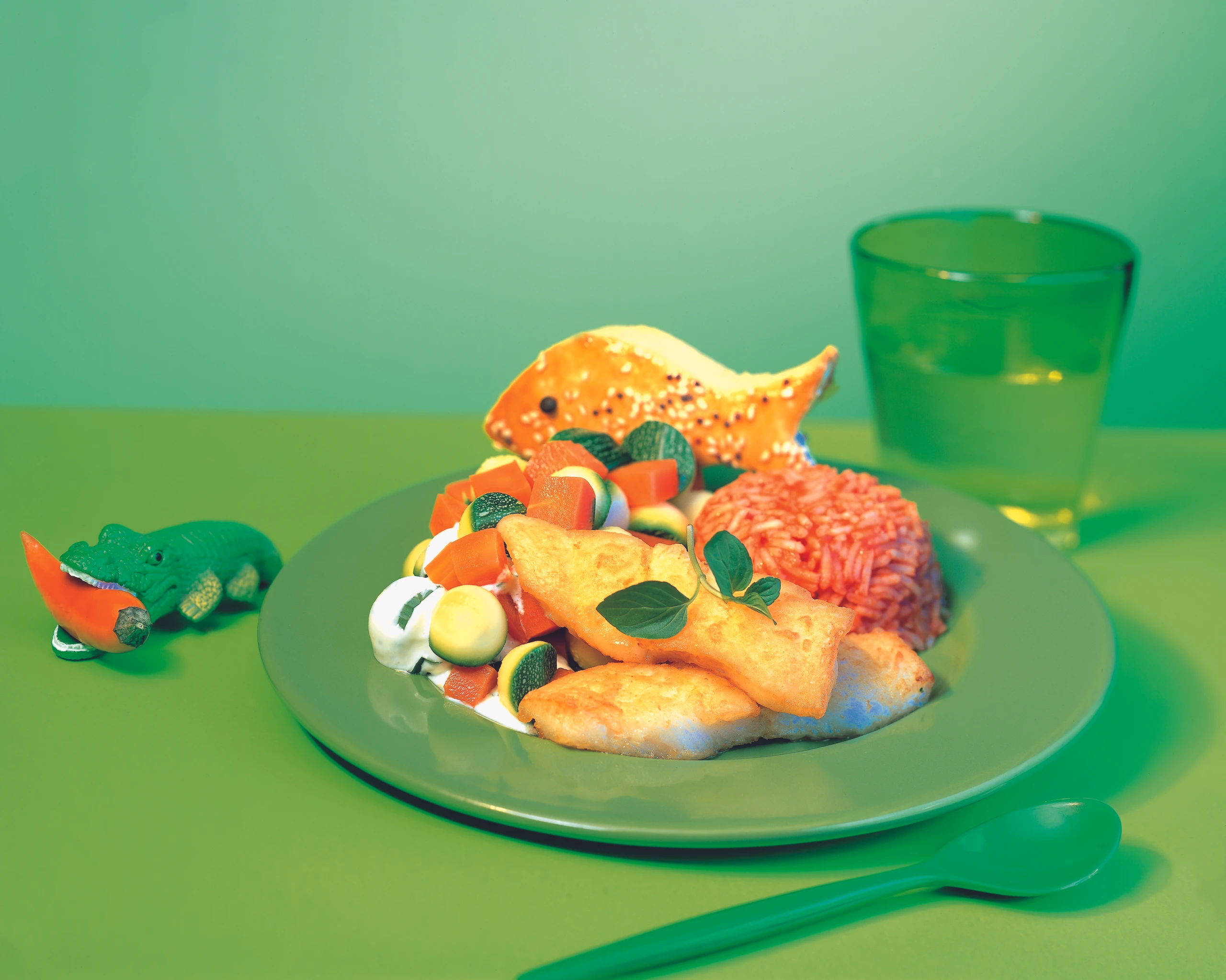 Zweierlei Fisch mit Gemüse, Paradeiser-Reis und Zitronensauce