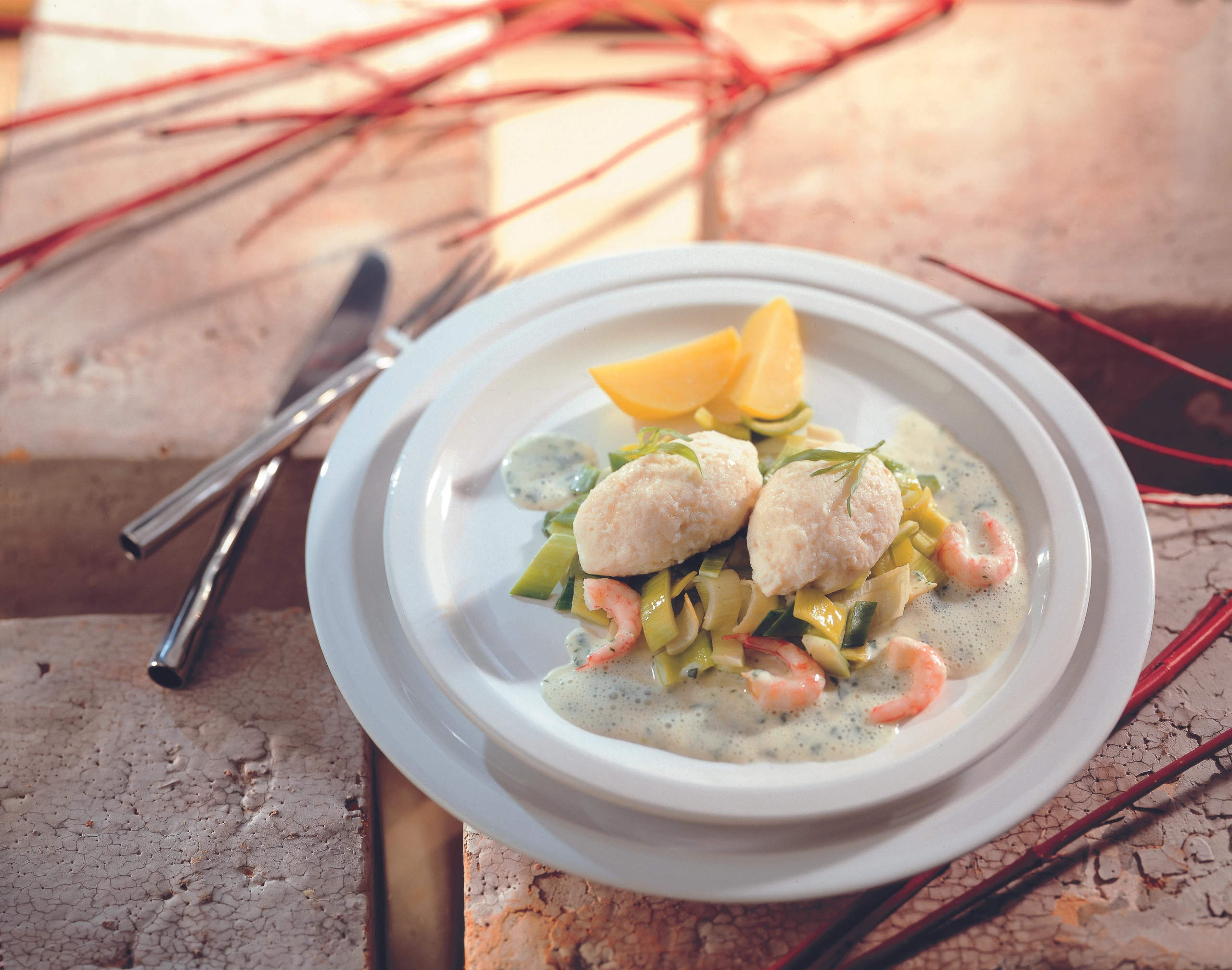 Zandernockerl mit Shrimps-Sauce