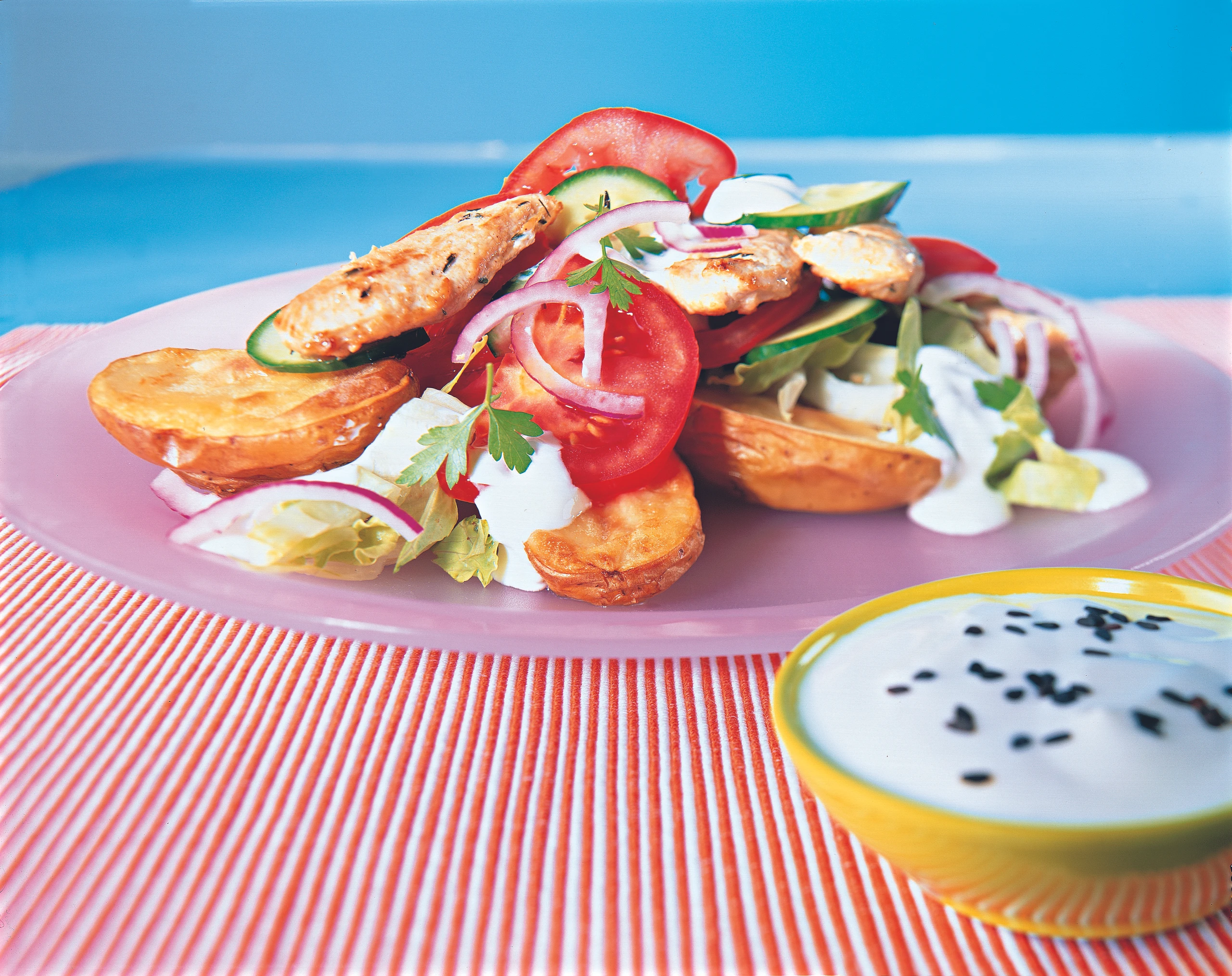 Hühner-Kebap auf Ofen-Erdäpfeln