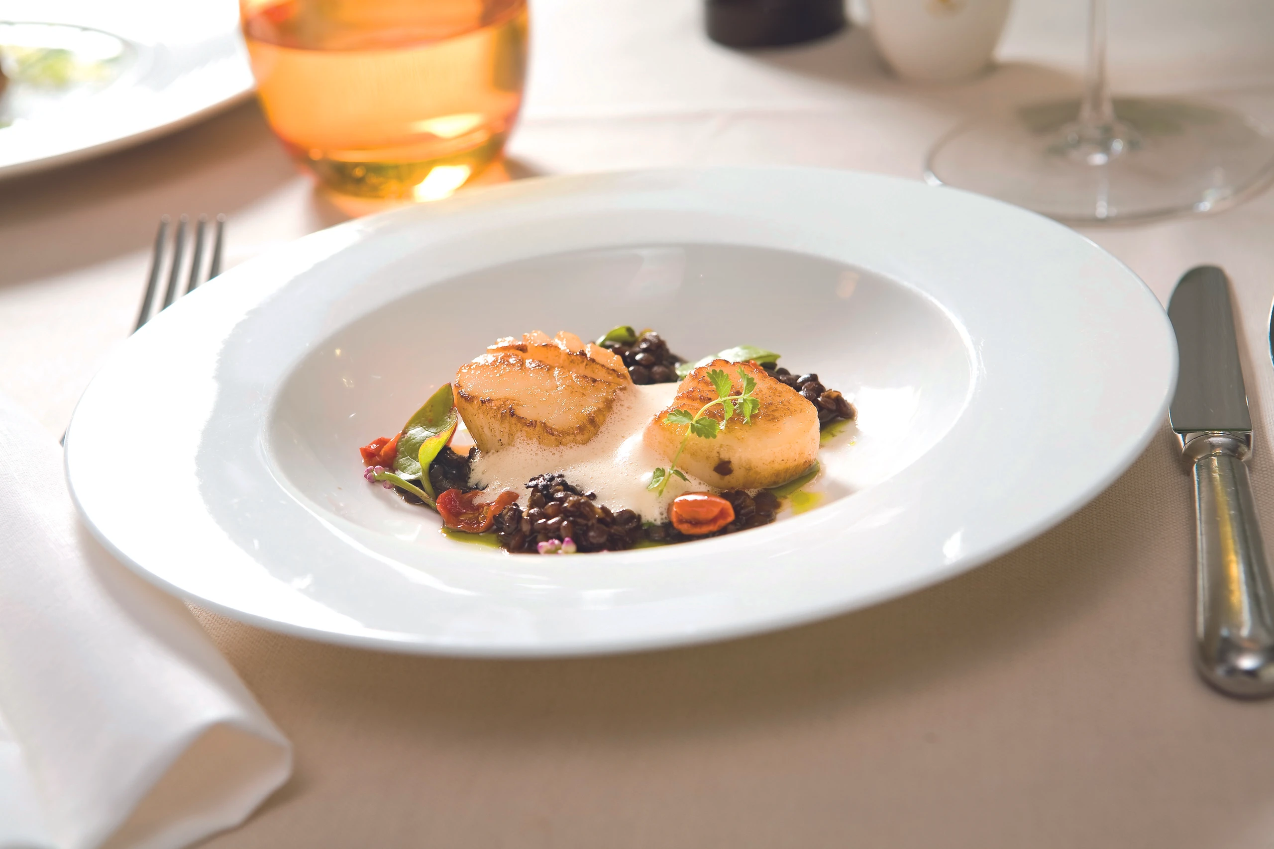 Jakobsmuscheln mit Belugalinsen und Ofenparadeisern