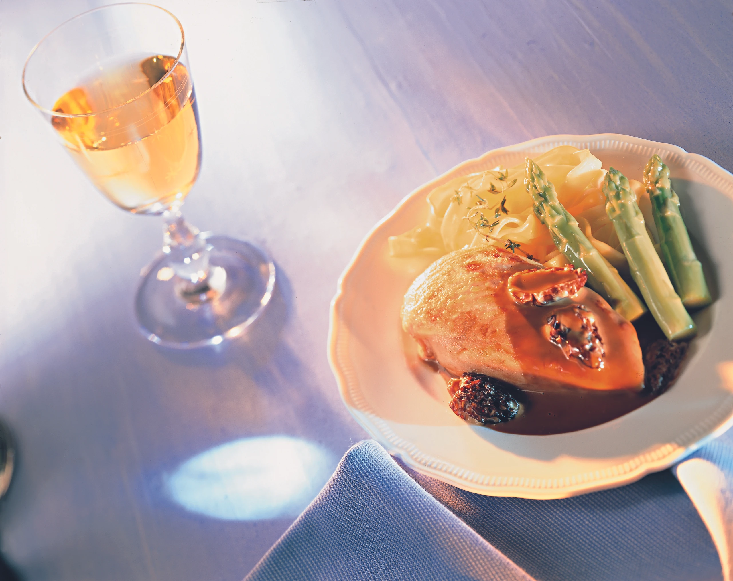 Gebratene Hühnerbrust mit Spargel und Morchelsauce