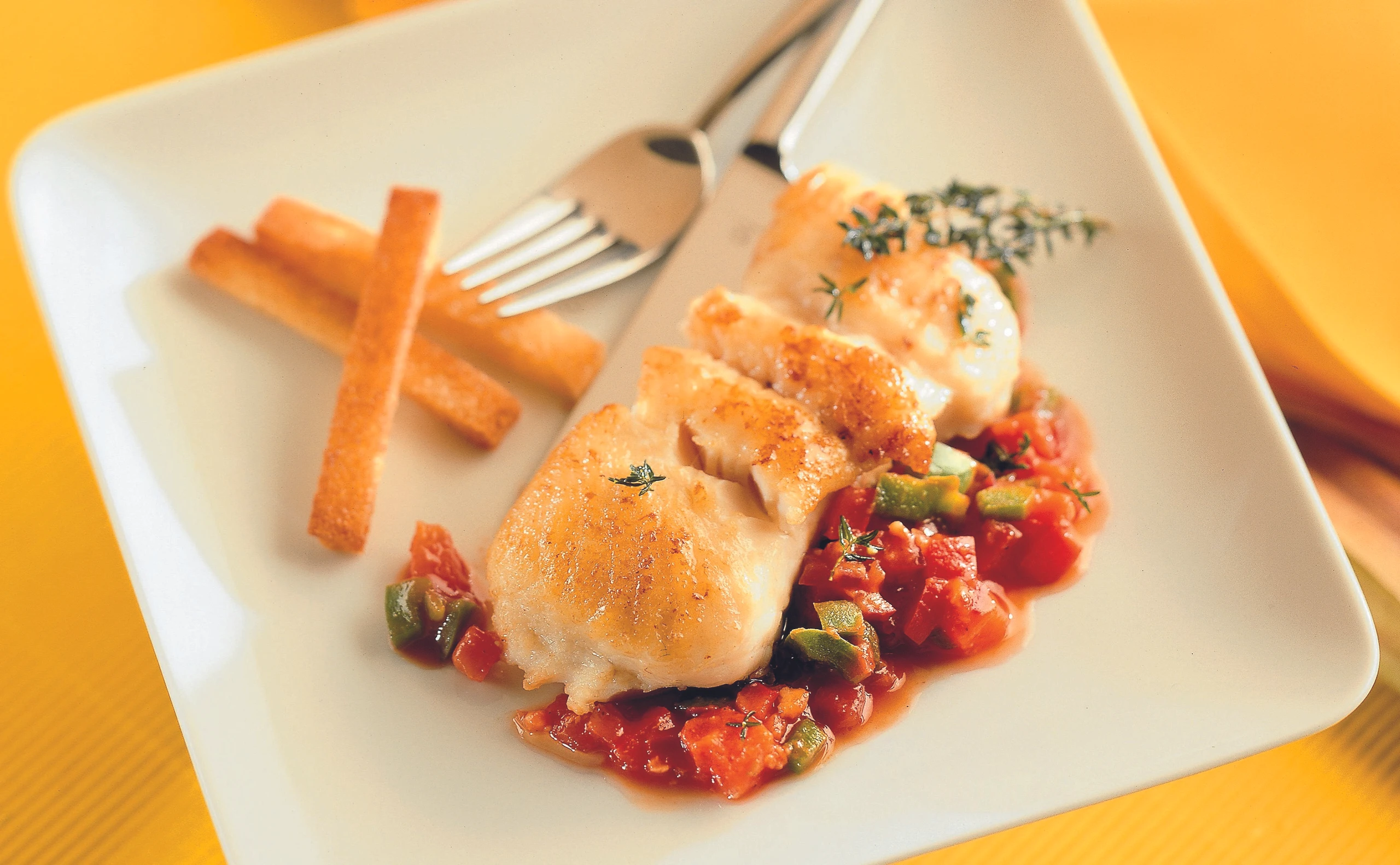 Welsfilet mit Paradeis-Paprikasauce und knusprigen Brotstreifen