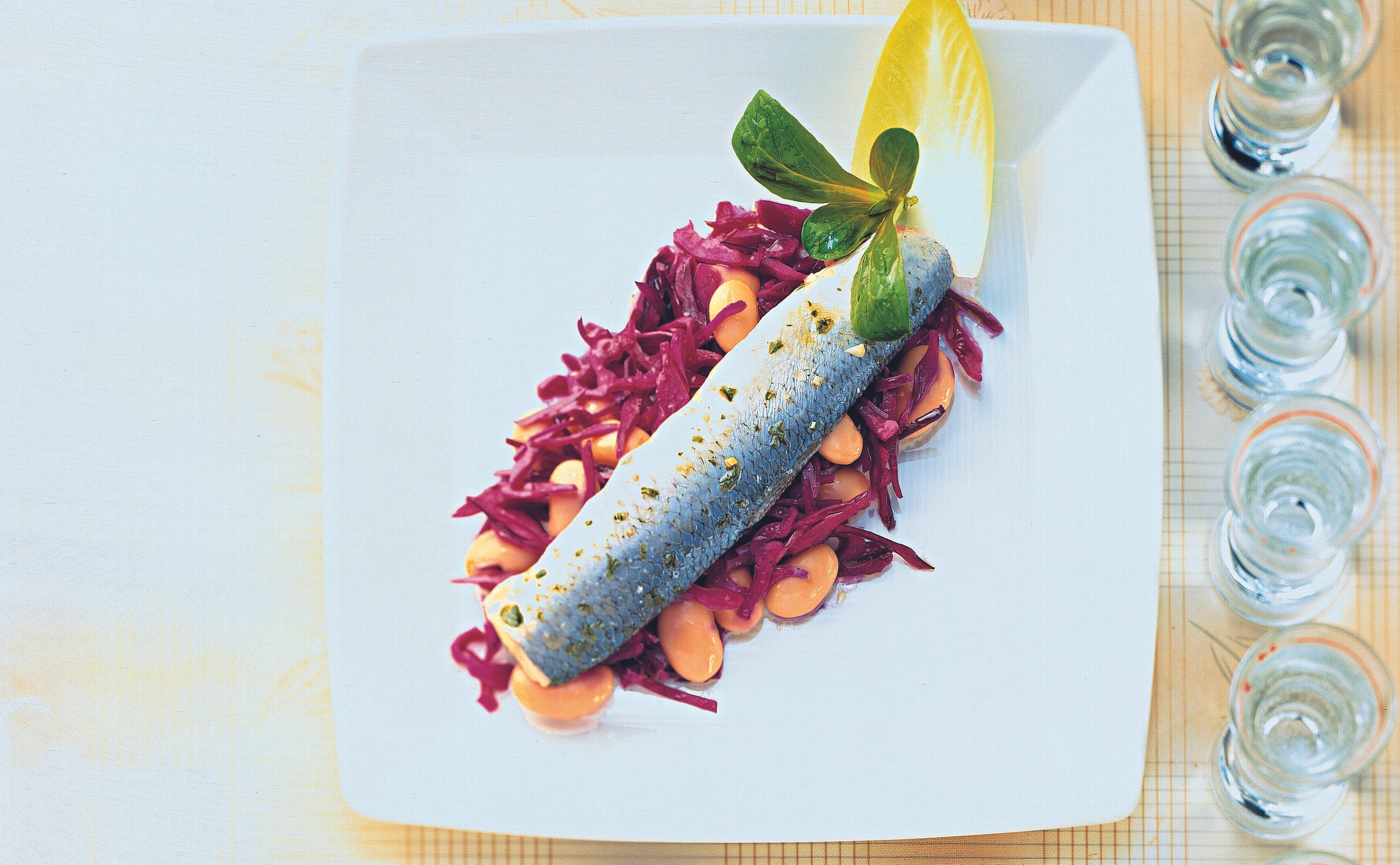 Marinierte Russenfilets auf Rotkraut-Bohnensalat