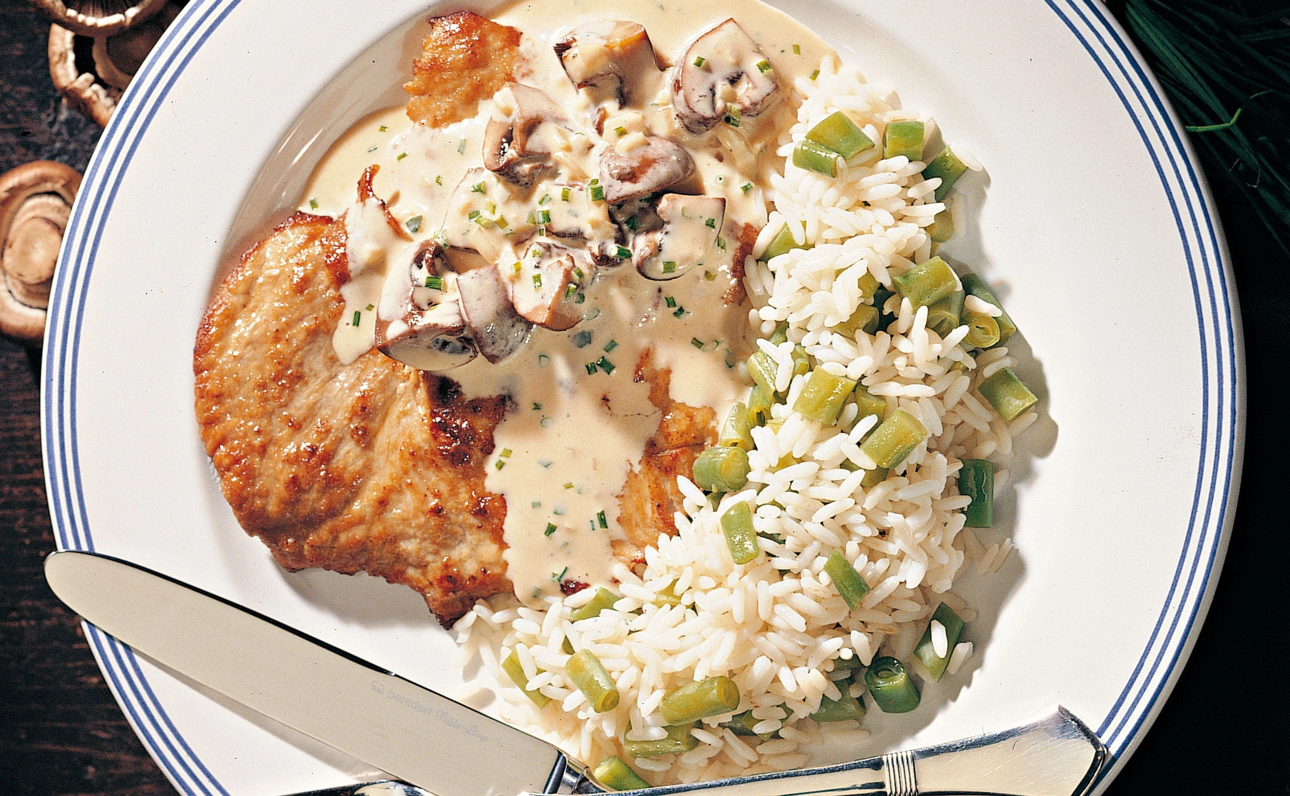Champignonschnitzel mit Fisolenreis