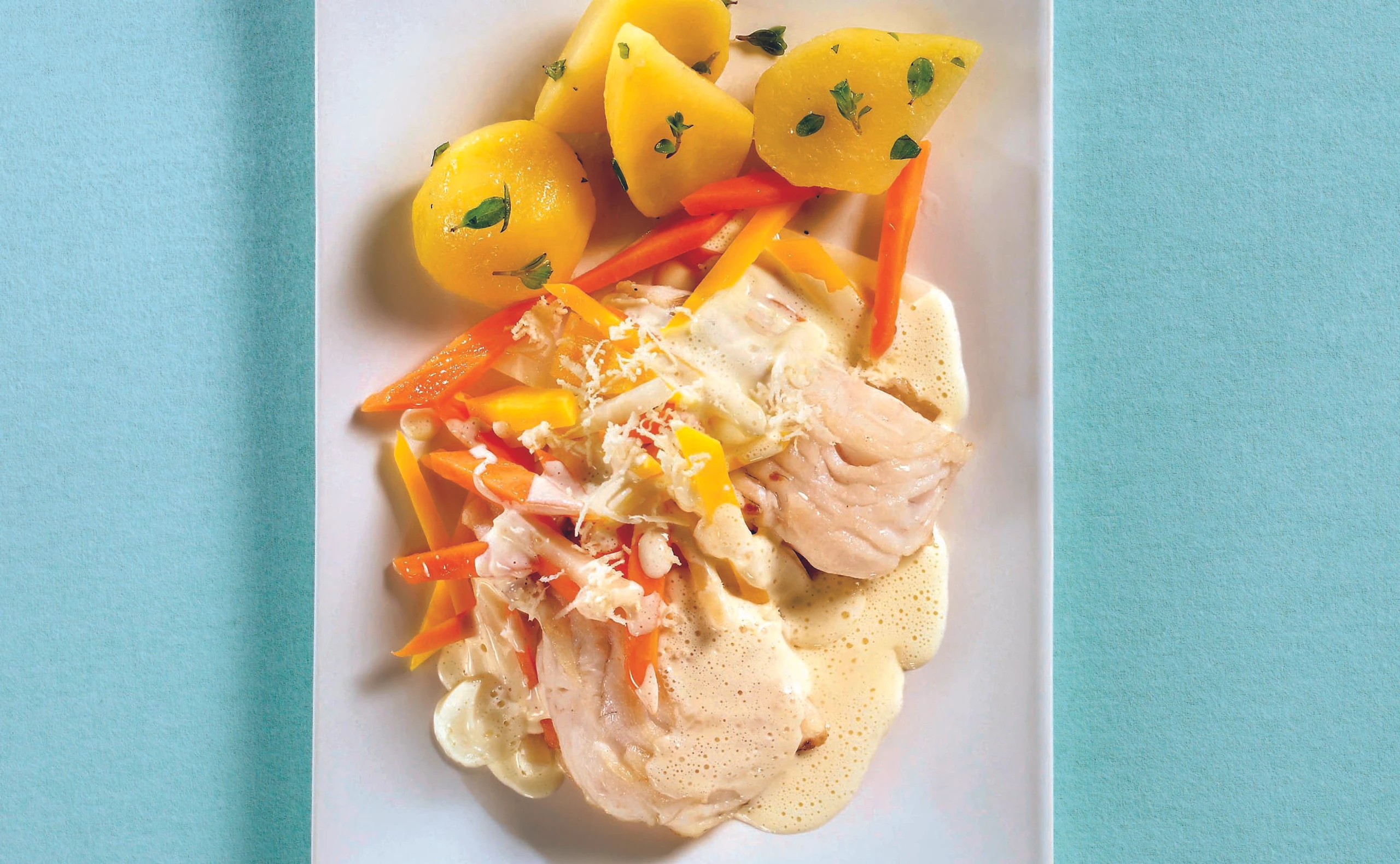 Welsfilet mit Wurzelgemüse und Krensauce