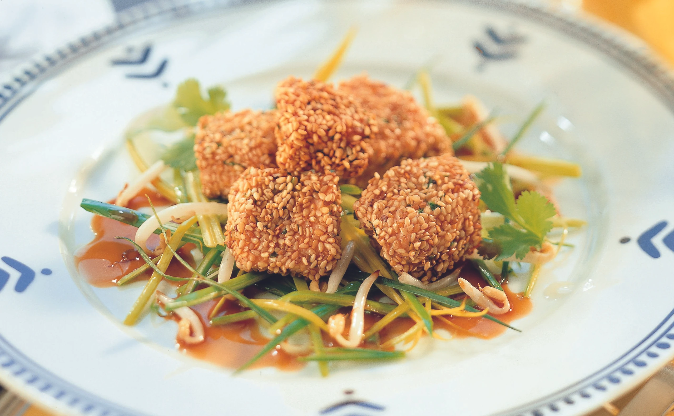 Lachs-Sesamwürfel mit Koriander und Sprossen-Lauch-Gemüse