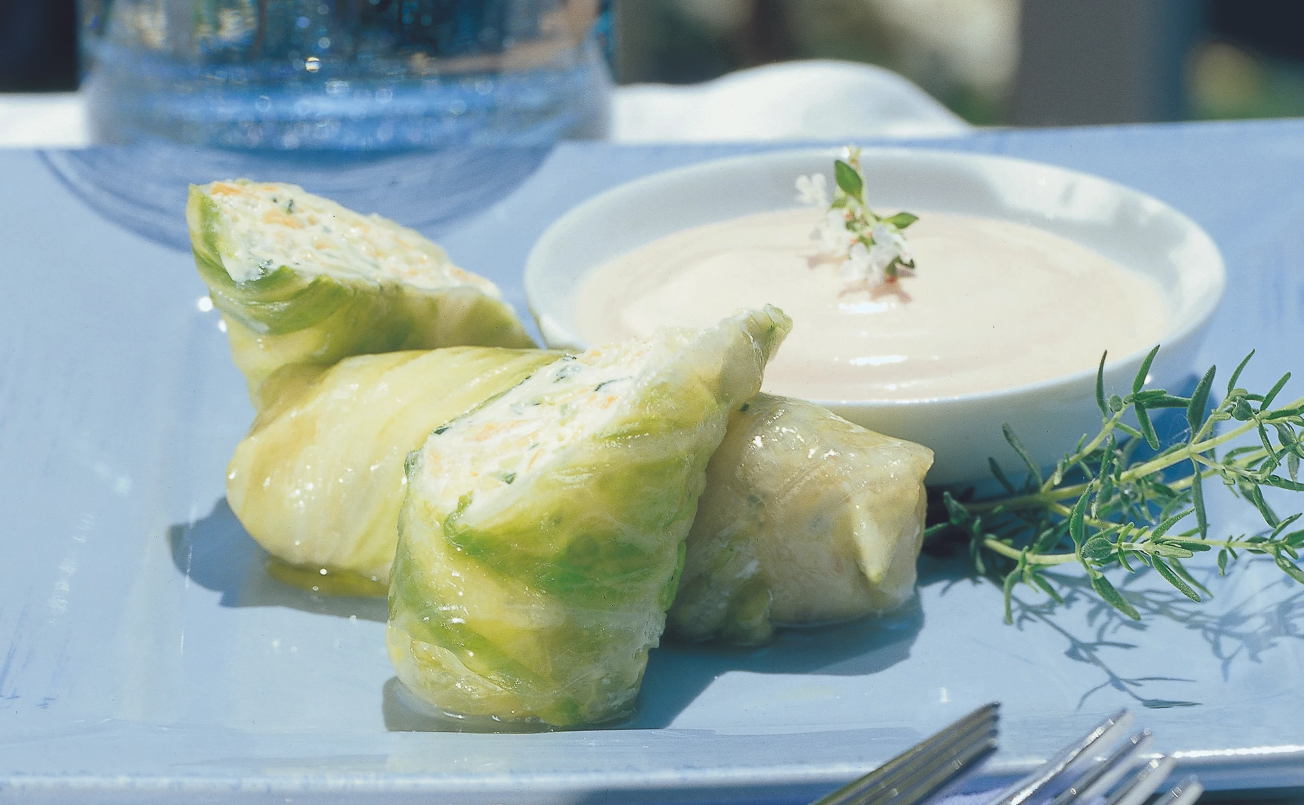 Salatröllchen mit Paradeis-Schaum