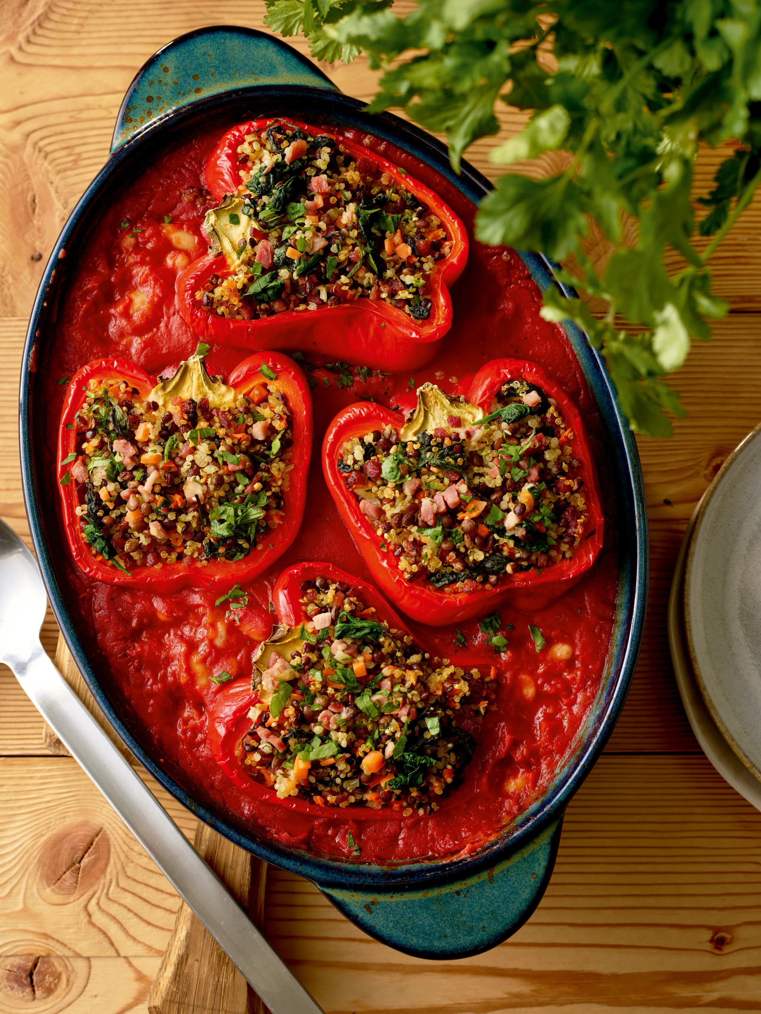 Gefüllte Paprika mit Linsengemüse und Selchfleisch