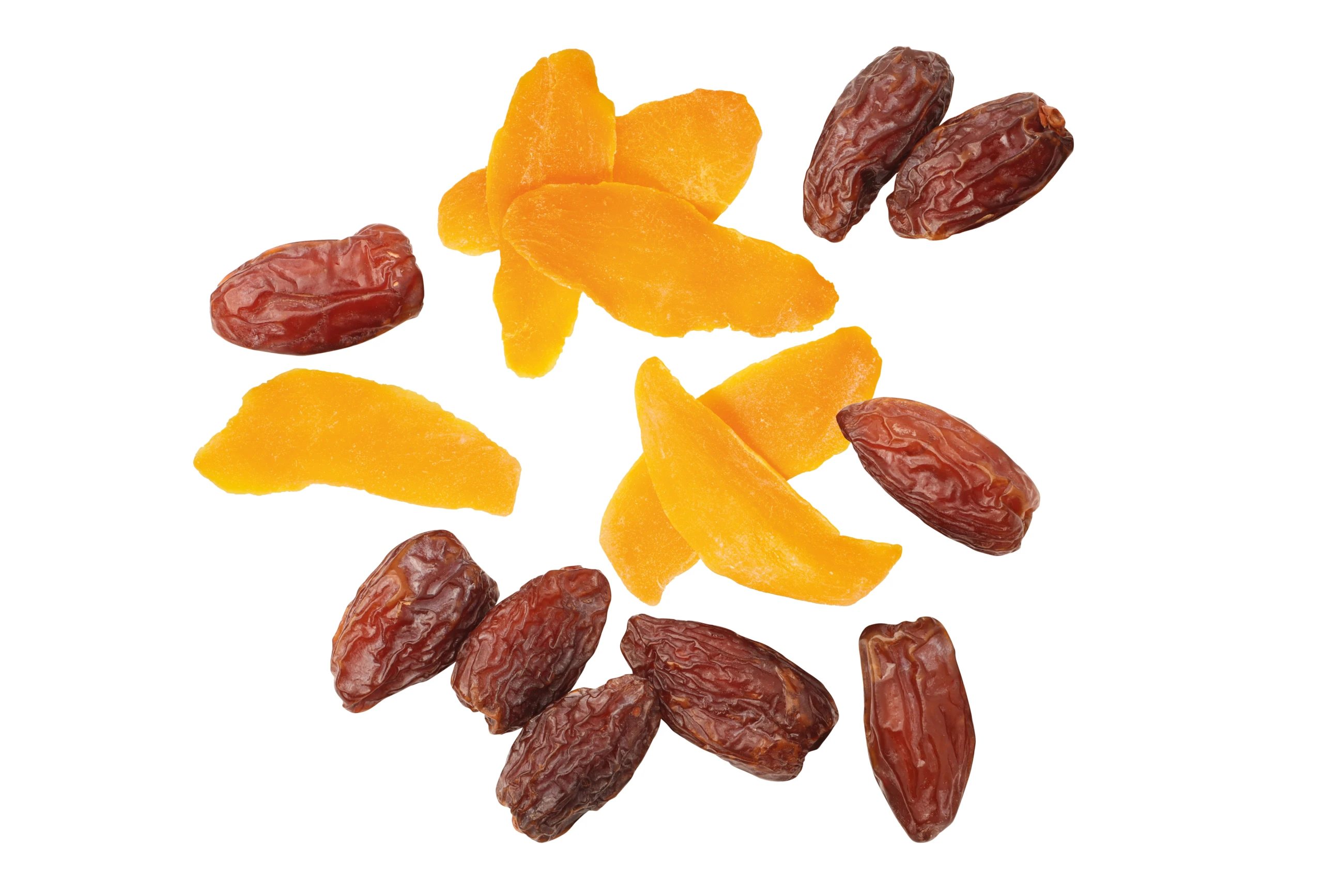 Trockenfrüchte: Mangostücke und Medjoul-Datteln